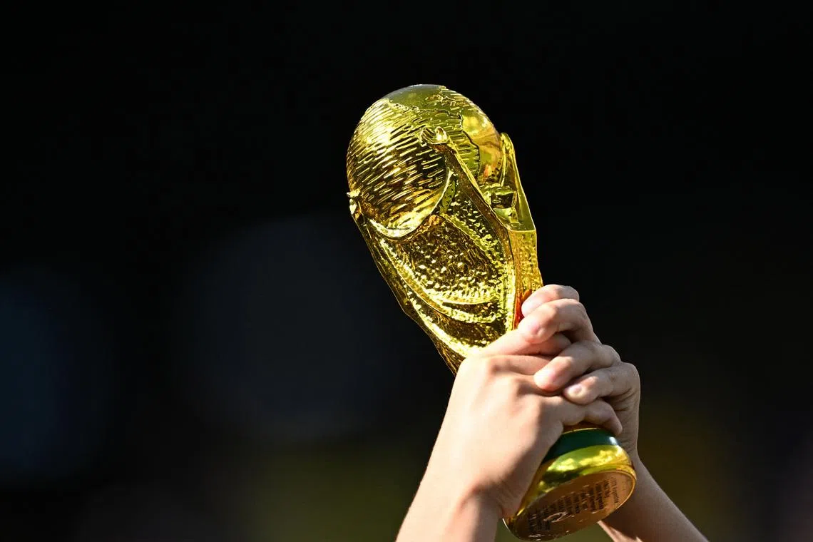 FILE PHOTO: Soccer Football - FIFA World Cup 2026 - New York/New Jersey Stadium, East Rutherford, New Jersey, U.S. - June 13, 2026 A fan holds up a replica of the FIFA World Cup trophy REUTERS/Dylan Martinez/File Photo