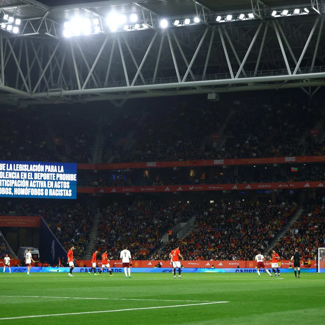 Soccer Football - International Friendly - Spain v Egypt - RCDE Stadium, Cornella de Llobregat, Spain - March 31, 2026 A big screen displays a anti discrimination message inside the stadium during the match REUTERS/Albert Gea