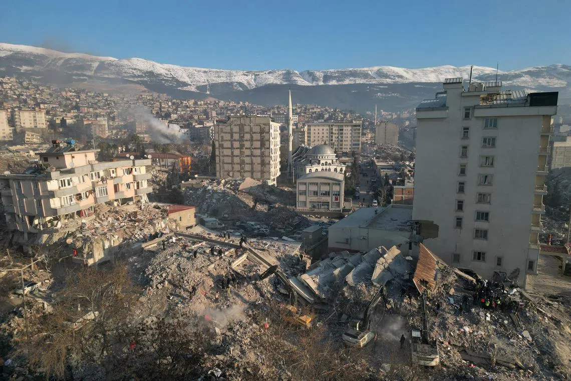 An aerial view of collapsed buildings, in the aftermath of the deadly earthquake, in Kahramanmaras, Turkey, on Feb 9, 2023.