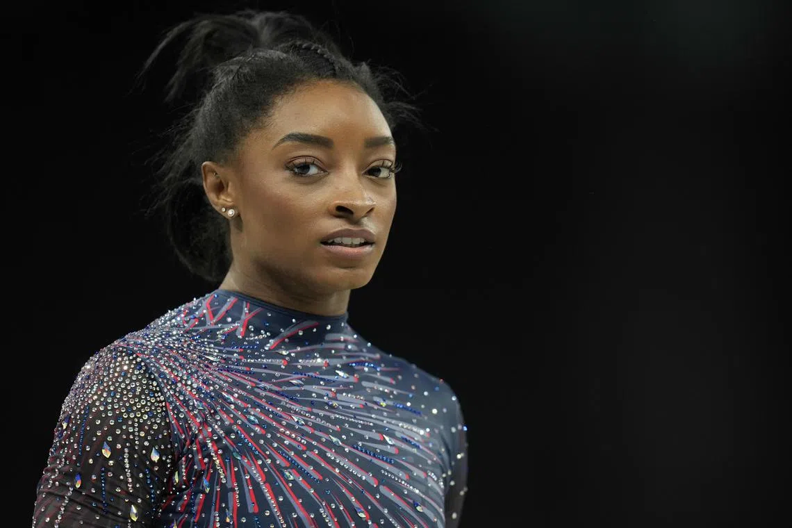 FILE PHOTO: Jul 25, 2024; Paris, France; Simone Biles during a practice session before the Paris 2024 Olympic Summer Games at Bercy Arena. Mandatory Credit: Kyle Terada-USA TODAY Sports/File Photo
