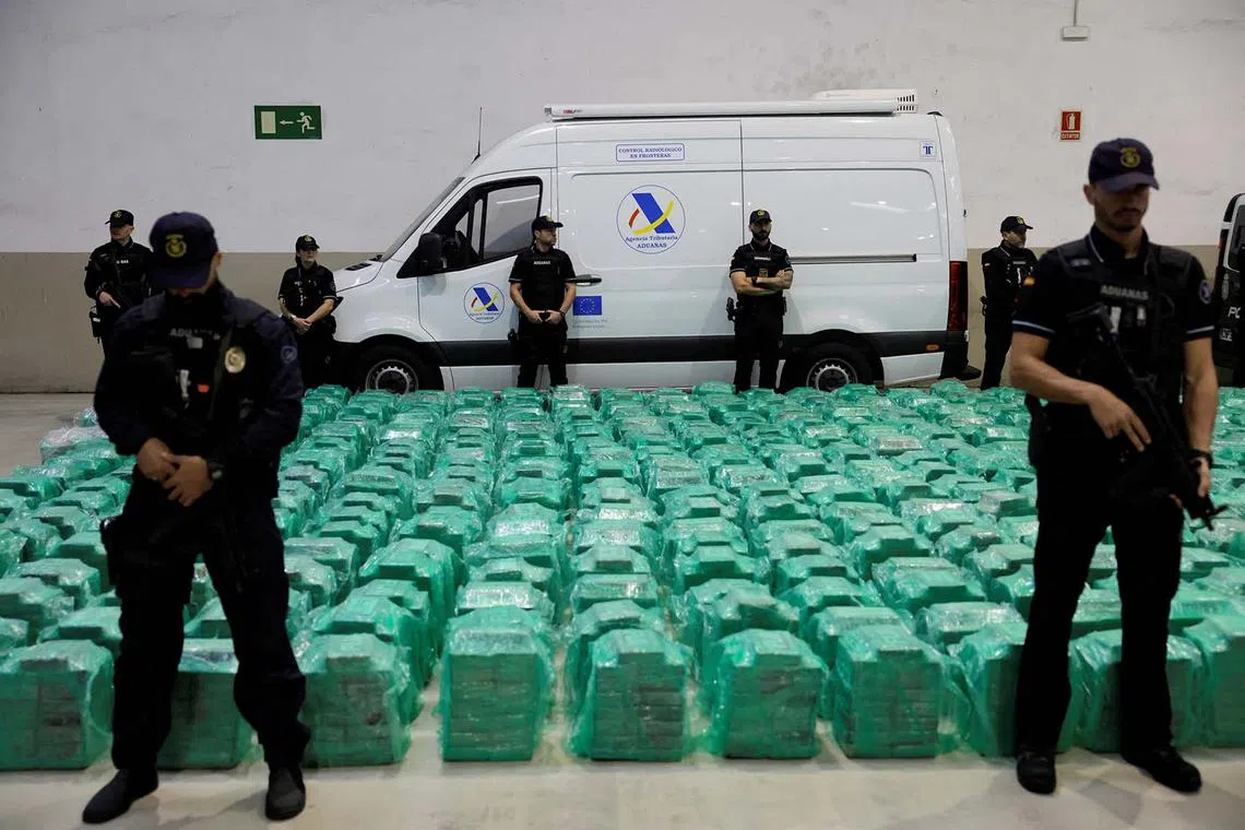 Spanish police displaying the 13 tonnes of cocaine, which was seized at the Algeciras port, hidden in banana shipments after it was transported in a container from Ecuador, at the port in Algeciras, Spain, Nov 6, 2024. 