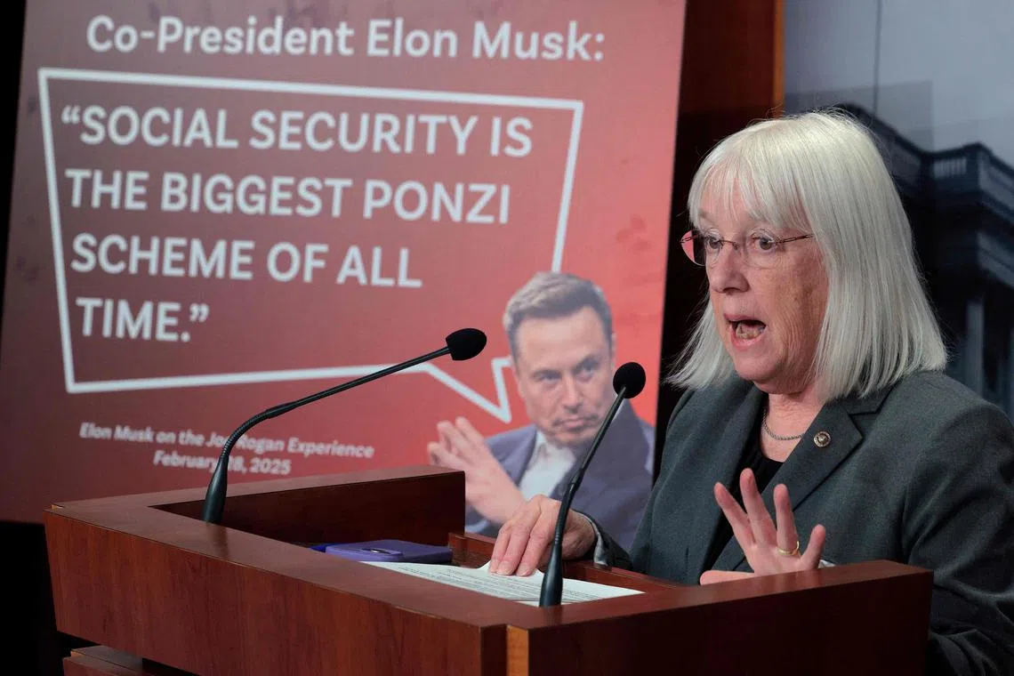 Senate Budget Committee vice-chair Democratic Senator Patty Murray  talks about Social Security during a news conference on March 3. Ms Murray and fellow Senate Democrats were critical of federal job and budget cuts supported by Elon Musk.