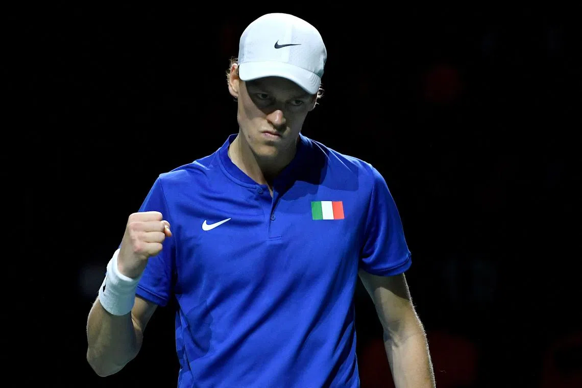 Italy's Jannik Sinner reacts as he plays against Tallon Griekspoor, of the Netherlands.