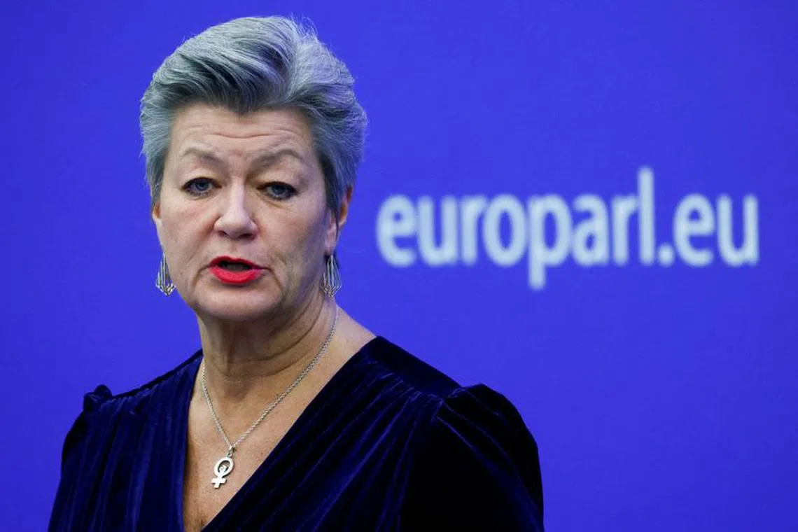 FILE PHOTO: European Commissioner for Home Affairs Ylva Johansson and European Commission vice president Margaritis Schinas hold a news conference after the European Commission College meeting in Strasbourg, France December 13, 2022. REUTERS/Yves Herman/File photo