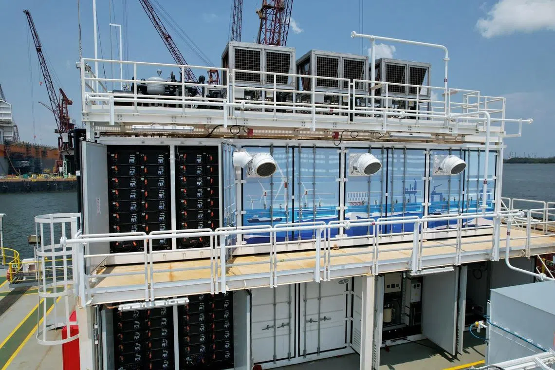 Seatrium's floating and stacked energy storage system. The company aims to achieve 40 per cent of its net order book from renewables and cleaner or green solutions. 