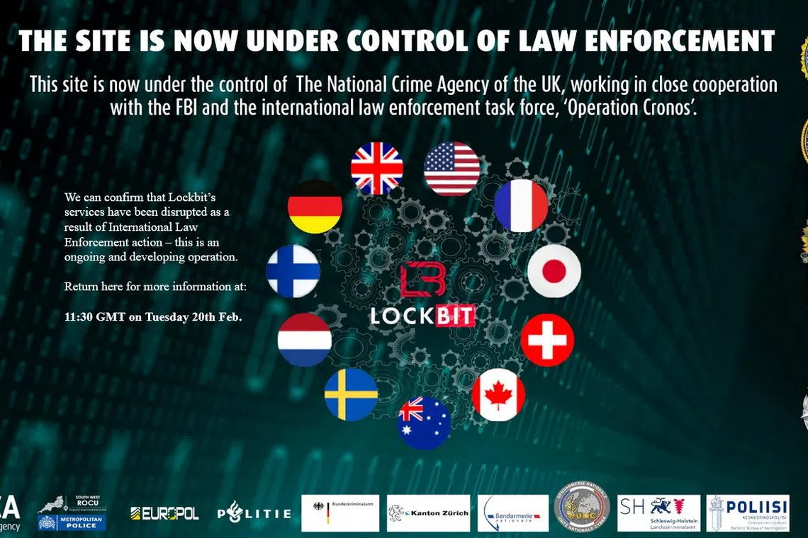 FILE PHOTO: A screenshot taken on February 19, 2024 shows a take down notice that a group of global intelligence agencies issued to a dark web site called Lockbit. Handout via REUTERS/File Photo