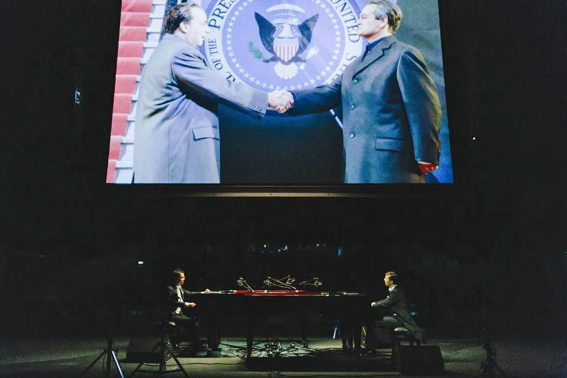 Two pianos duel and duet each other in Singaporean artist Ming Wong's lecture-performance combining American composer George Gershwin’s famous Rhapsody In Blue and a Chinese classic, the Yellow River Concerto.
