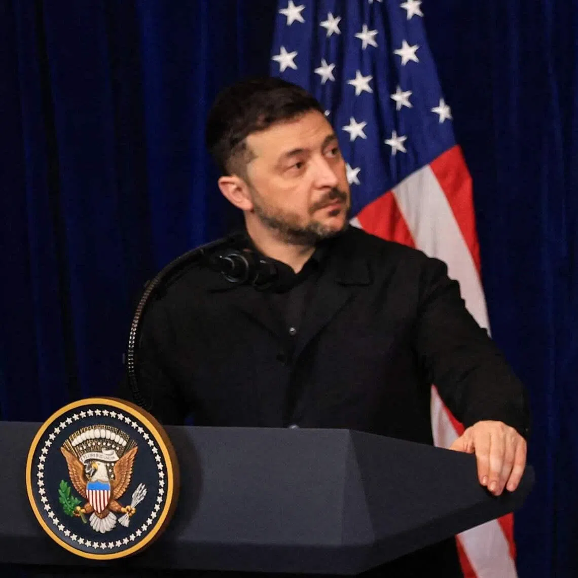 US President Donald Trump with Ukranian President Volodymyr Zelensky during a press conference in Florida in December 2025.