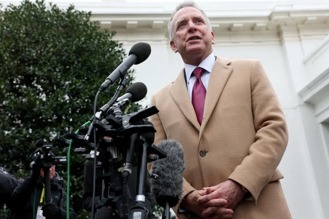 FILE PHOTO: U.S. Middle East envoy Steve Witkoff speaks to members of the news media outside of the West Wing of the White House in Washington, U.S., March 6, 2025. REUTERS/Leah Millis/File Photo