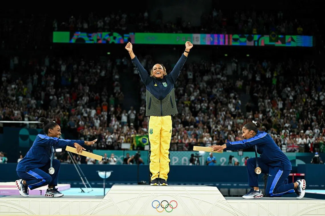 (From left) US' Simone Biles, Brazil's Rebeca Andrade and US' Jordan Chiles during the podium ceremony for the artistic gymnastics women's floor exercise event of the Paris 2024 Olympic Games.