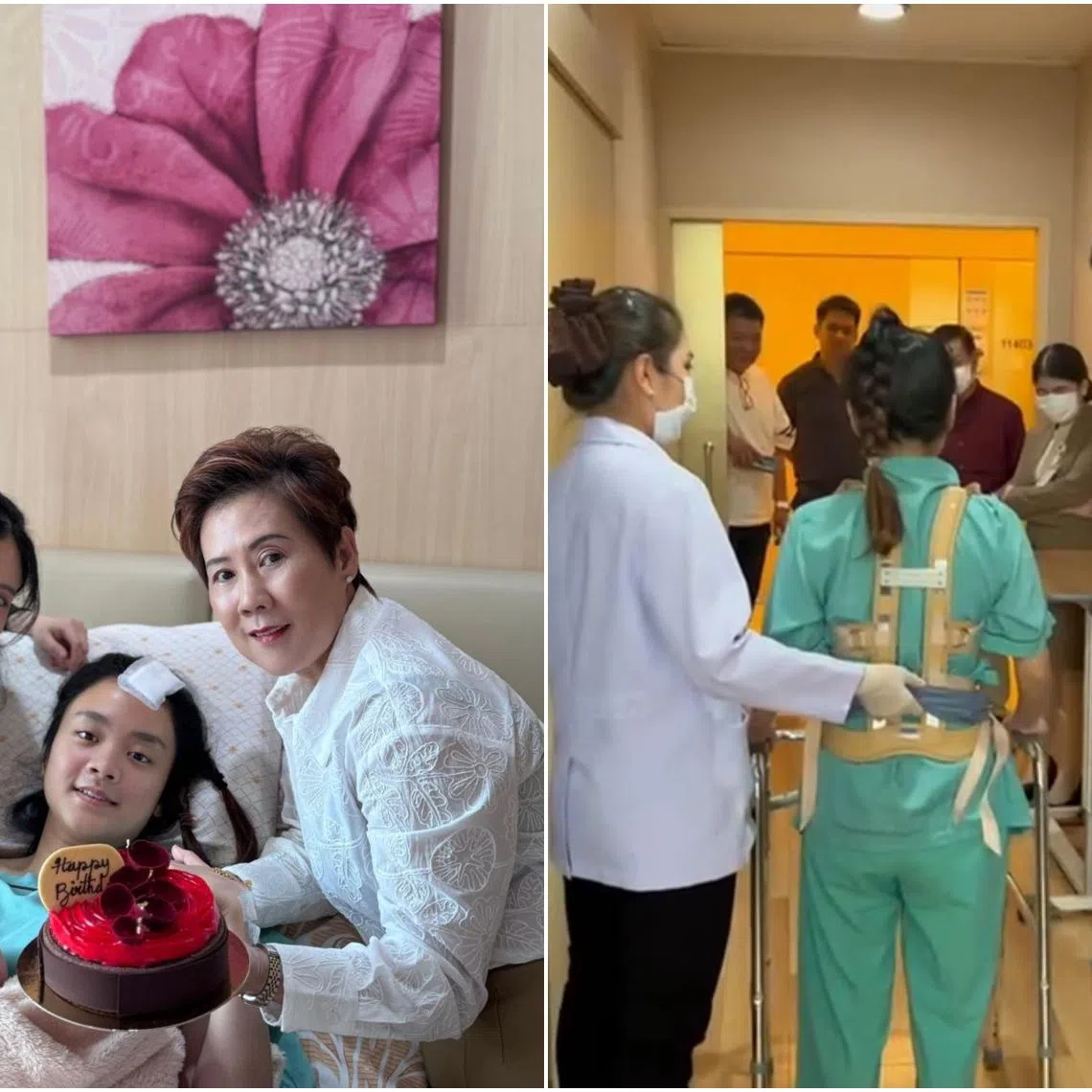 Ms Hong Mun Ying in the Bangkok hospital (left, centre) with her sister, Ms Hong Mun Wei (far left), and her mother, Ms Gan Bee Sin.