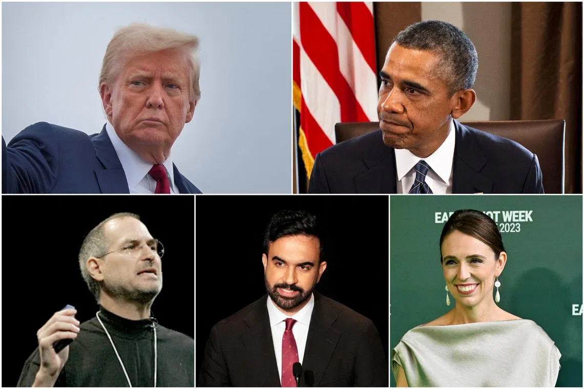 (Clockwise from top left) US President Donald Trump, former US president Barack Obama, former New Zealand prime minister Jacinda Ardern, US politician Zohran Mamdani and Apple co-founder Steve Jobs.