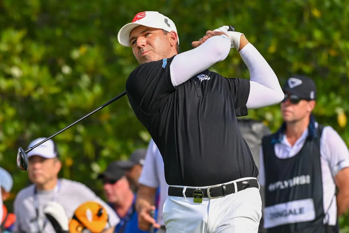 Fireballs GC captain Sergio Garcia hits a shot during round two of the LIV golf tournament at Sentosa Golf course in Singapore on April 29, 2023. (Photo by Roslan RAHMAN / AFP)
