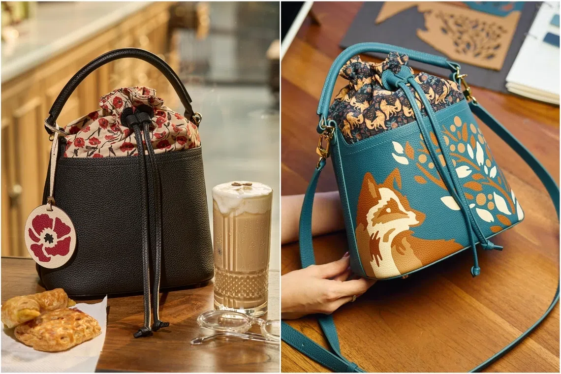 Studio Qiling x Mathilde - Dancing Poppies Bucket Bag Black (left) and Kitsune Marquetry Bucket Bag Teal.