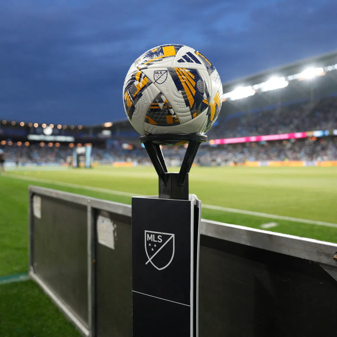 Sep 18, 2024; Saint Paul, Minnesota, USA; A Major League Soccer ball sits on a stand prior to a match between FC Cincinnati and Minnesota United at Allianz Field. Mandatory Credit: Matt Blewett-Imagn Images