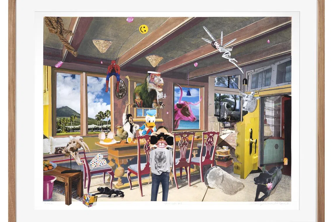 Artist Umibaizurah Mahir's artwork titled Afterwork #5 is a mixed media collage that makes references to over consumption in society.  