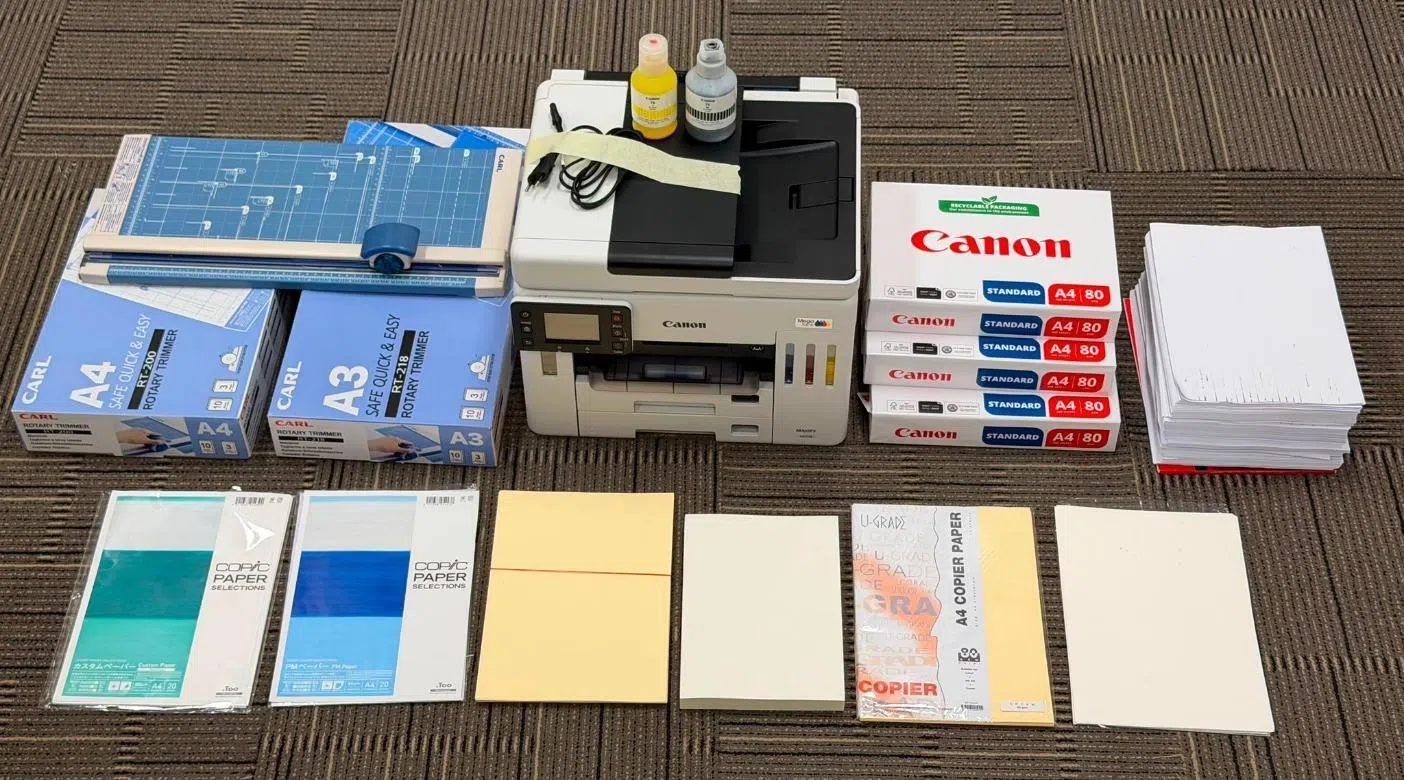 Counterfeiting instruments, including a bottled ink, paper, and a paper cutter, were seized.