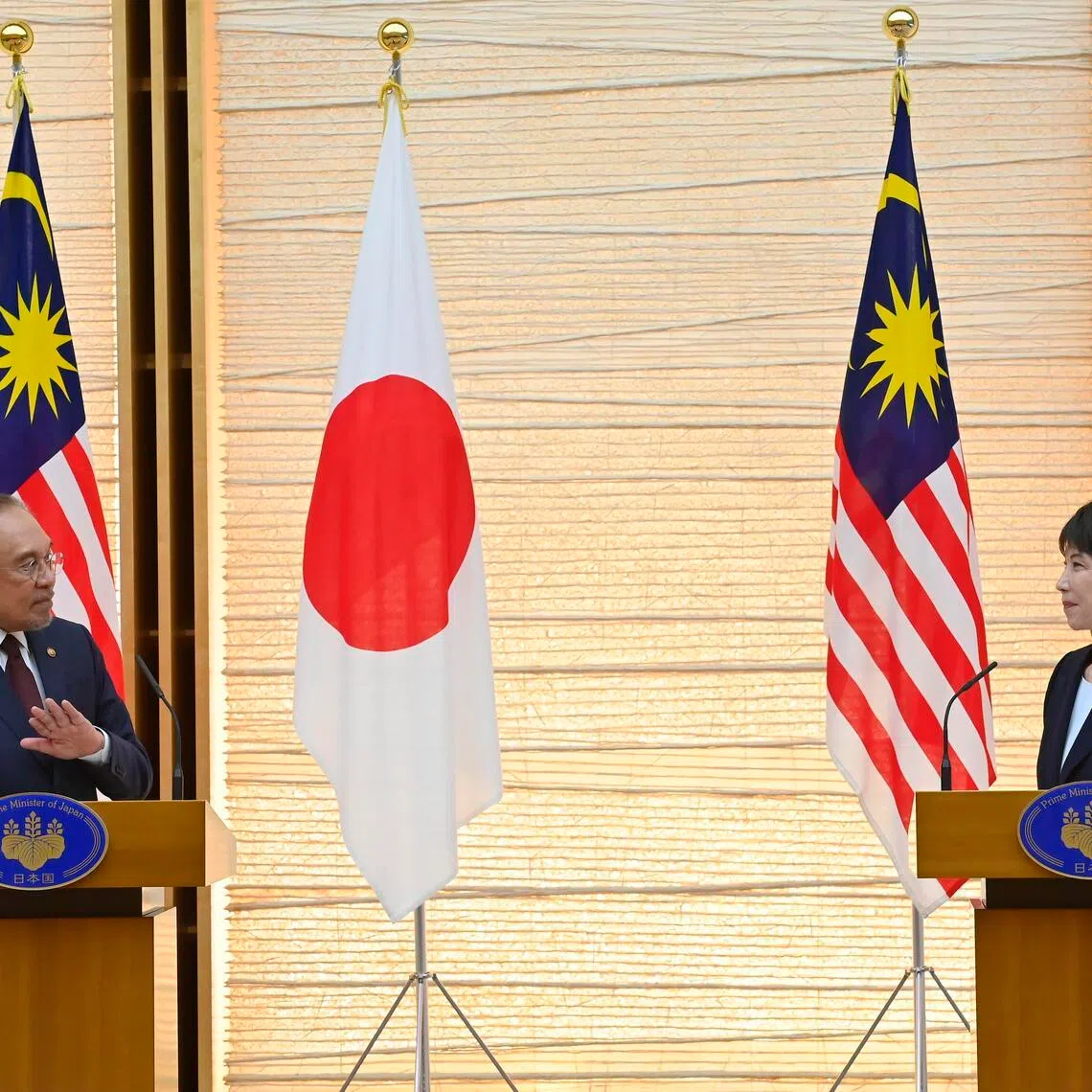 Japanese Prime Minister Sanae Takaichi (right) and Malaysian Prime Minister Anwar Ibrahim (left) hold a joint press announcement following their bilateral meeting at the Prime Minister’s Office in Tokyo, Japan on June 10, 2026.  