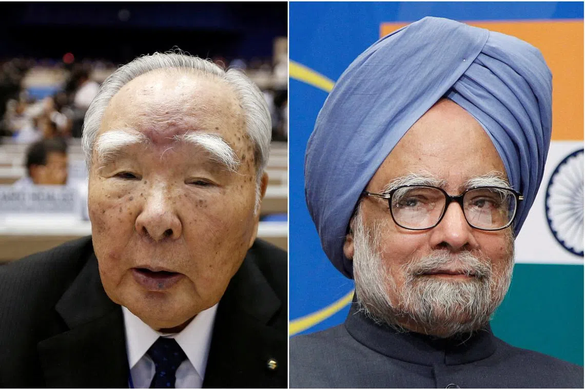 Osamu Suzuki (left) was 94 years old when he died of lymphoma on Christmas Day. Dr Manmohan Singh died the next day in New Delhi.