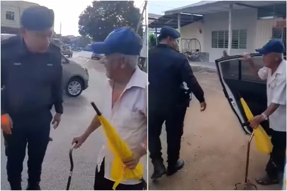 The officers saw an old man walking in the rain, stopped their car and offered him a ride back to his home.