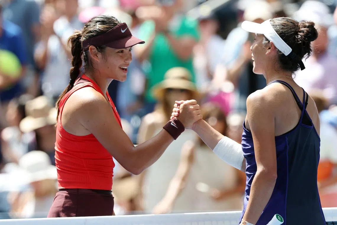 Tennis - U.S. Open - Flushing Meadows, New York, United States - August 24, 2025 Britain's Emma Raducanu shakes hands with Japan's Ena Shibahara after winning their first round match REUTERS/Mike Segar
