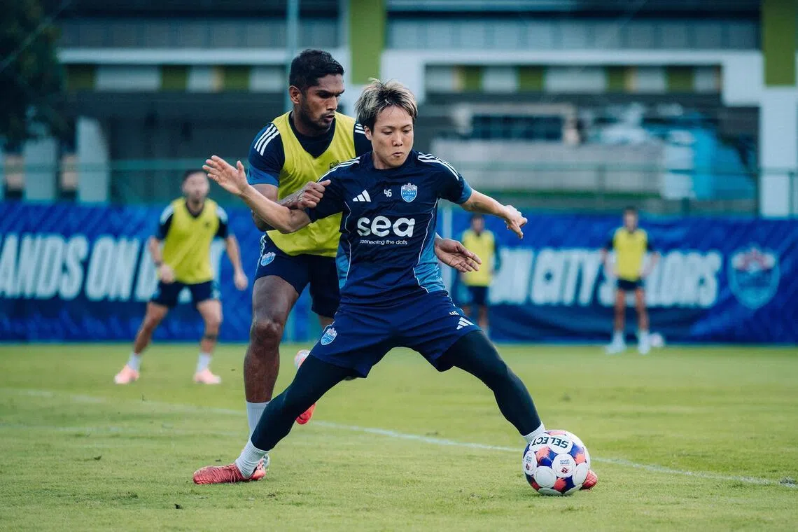 Kyoga Nakamura shield the ball from captain Hariss Harun in training on April 29, as the Lion City Sailors prepare for a big clash with BG Tampines Rovers. 
Credit: Lion City Sailors