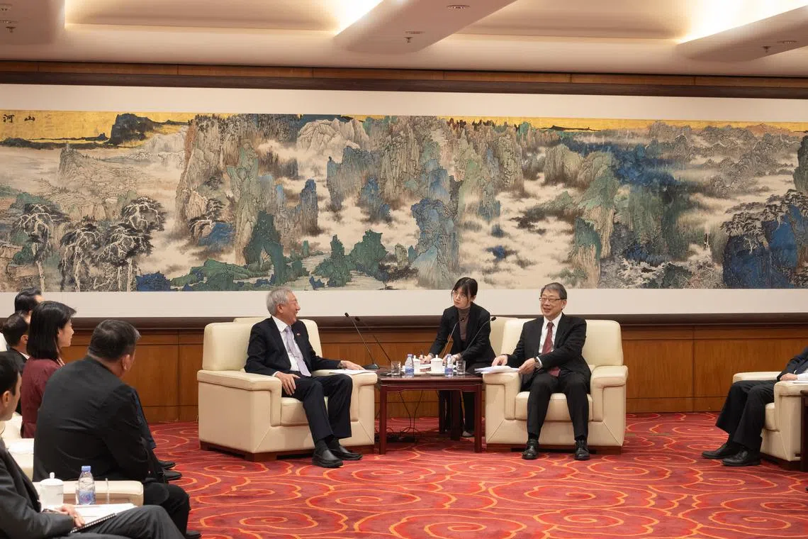 Senior Minister Teo Chee Hean and China's Central Party School President Chen Xi during a meeting in Beijing on March 21.