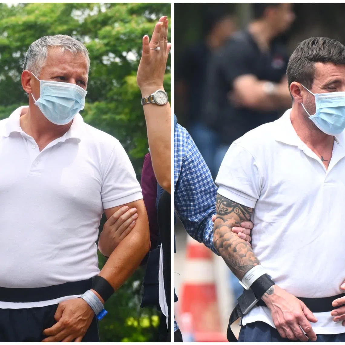 Hector Danial Garcia Iglesias (left) and Mateo Andres Garces Murillo were taken to the landed home in Bukit Timah for investigations on May 14.