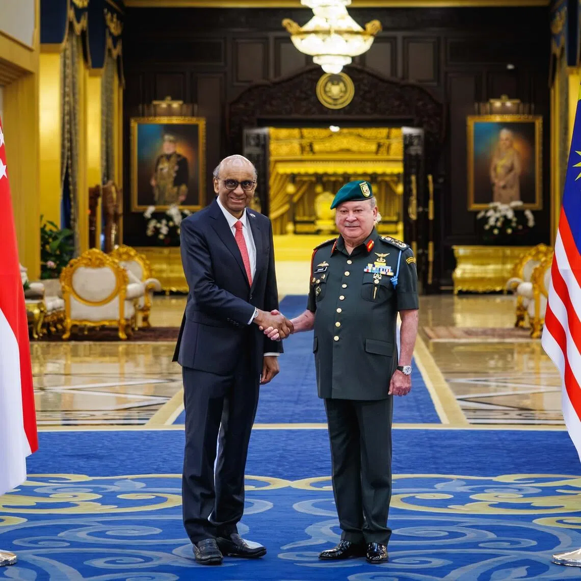 President Tharman Shanmugaratnam (left) meeting Malaysia’s King Sultan Ibrahim Iskandar at the Istana Negara on July 13.