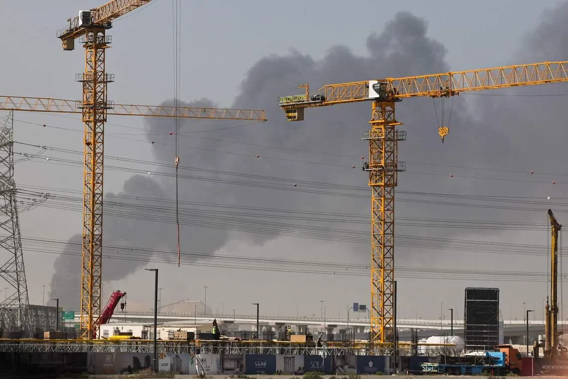 A plume of smoke seen rising from the port of Jebel Ali following a reported Iranian strike in Dubai on March 1.