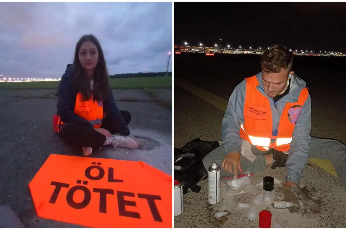 The campaign group Last Generation published pictures of several activists with their hands glued to the runway.
