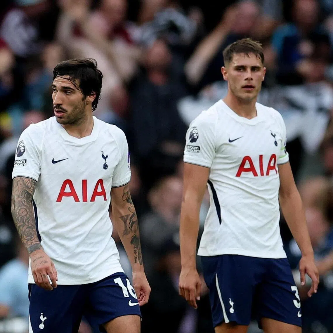Tottenham Hotspur’s Sandro Tonali and Micky van de Ven after Yoane Wissa scored a second goal for Newcastle.