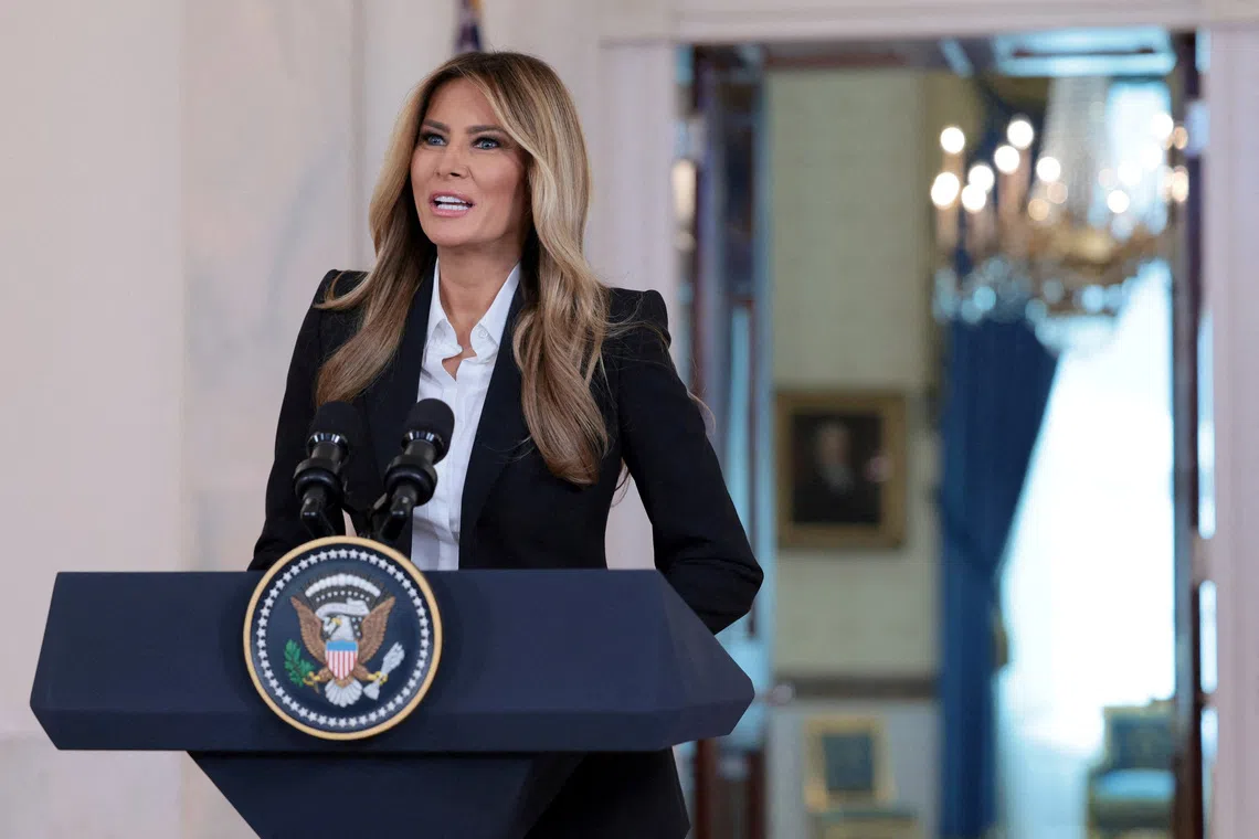 U.S. first lady Melania Trump makes an announcement from the Grand Foyer at the White House in Washington, D.C., U.S., October 10, 2025. REUTERS/Jessica Koscielniak
