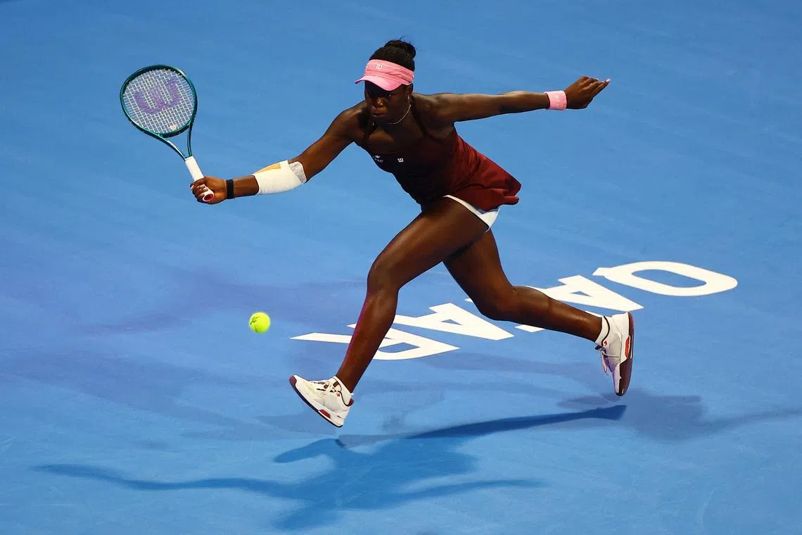 Tennis - WTA 1000 - Qatar Open - International Tennis and Squash complex, Doha, Qatar - February 12, 2026 Canada's Victoria Mboko in action during her quarter final match against Kazakhstan's Elena Rybakina REUTERS/Ibraheem Al Omari