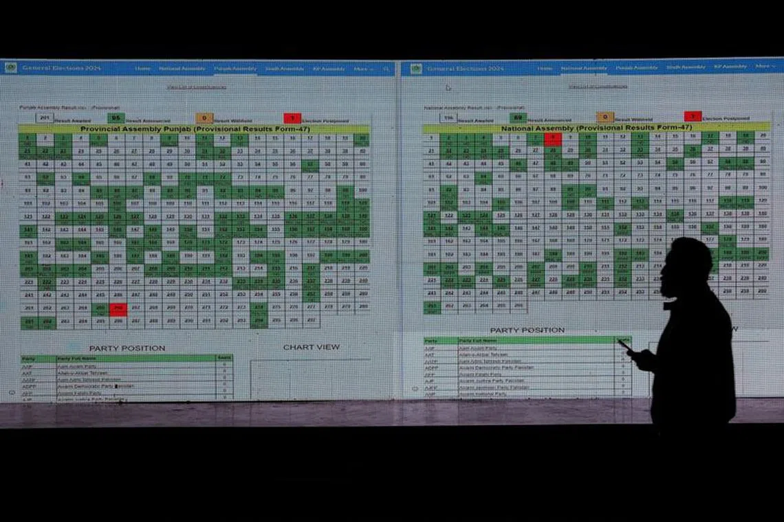 A journalist is silhouetted against the screen as he checks on the live results of the general election at a makeshift media centre at town hall In Lahore, Pakistan, February 9, 2024. REUTERS/Navesh Chitrakar/File Photo