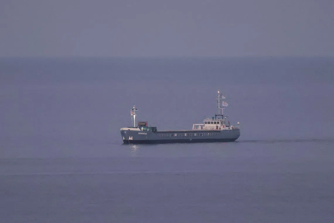 FILE PHOTO: Jennifer, a cargo ship with humanitarian aid, approaches the port of Larnaca after pausing the mission of delivering humanitarian aid for Gaza, following the killing of seven aid workers in an Israeli airstrike in Gaza, in Larnaca, Cyprus, April 3, 2024. REUTERS/Yiannis Kourtoglou/File Photo