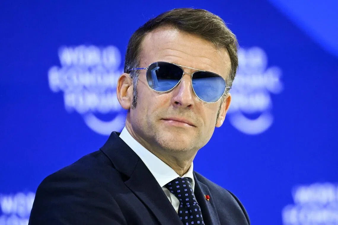 French President Emmanuel Macron wore sunglasses at the World Economic Forum in Davos, Switzerland, due to a burst blood vessel.