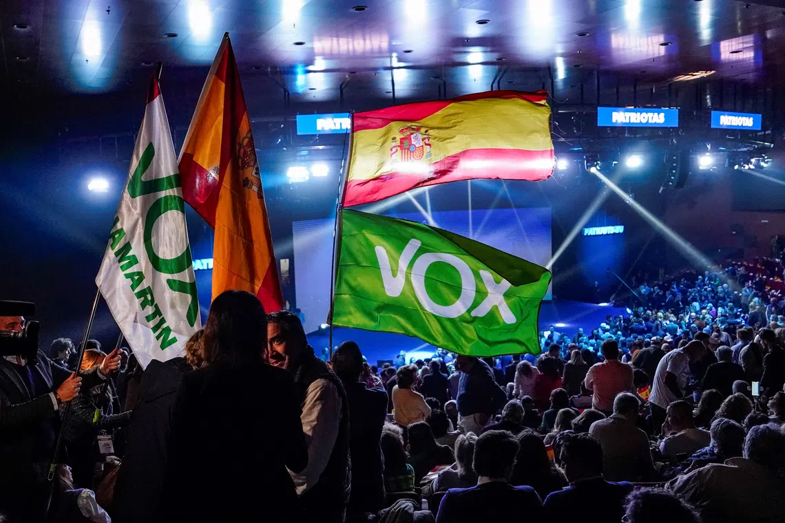 People hold flags as they wait for Spanish far-right party VOX rally with other European far-right leaders, in Madrid, Spain, February 8, 2025. REUTERS/Ana Beltran