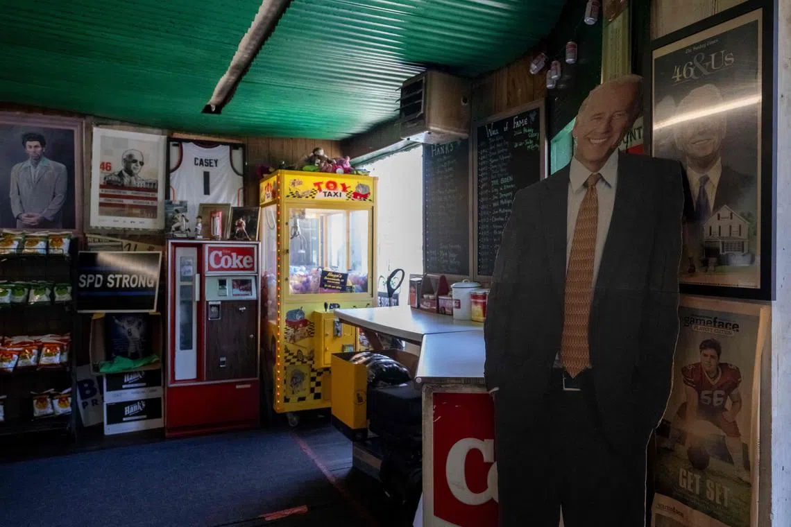 An inside view of Hanks Hoagies sandwich store in Scranton, Pennsylvania on July 3, 2024. As residents of Joe Biden's hometown Scranton prepared to mark that most American of holidays -- July 4 -- many were also voicing alarm about the US president following his disastrous debate last week against Donald Trump. Scranton has long been the heart of the political mythology around Biden, recalling his hardscrabble upbringing, repaying his affection with an expressway named for him and a life-size cardboard cutout in Hank's Hoagies sandwich store (Photo by ANGELA WEISS / AFP)