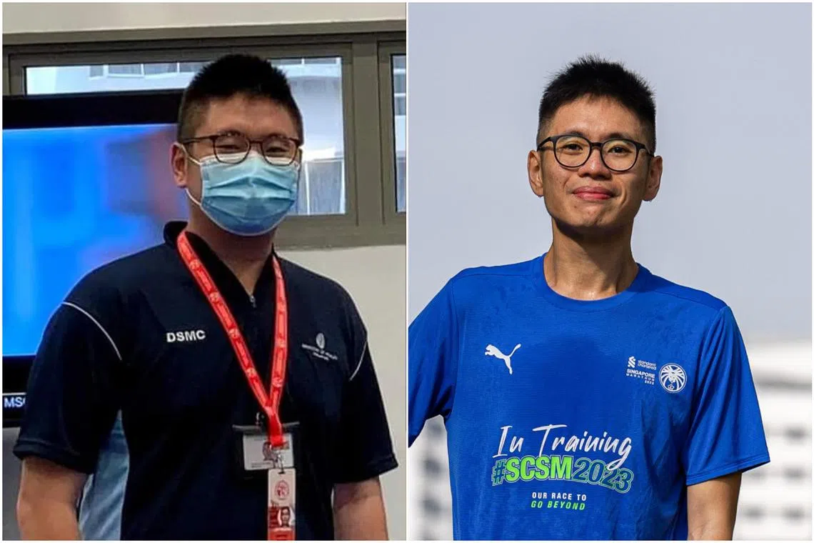 Joseph Soh in 2021 (left), when he weighed 106kg, and now.