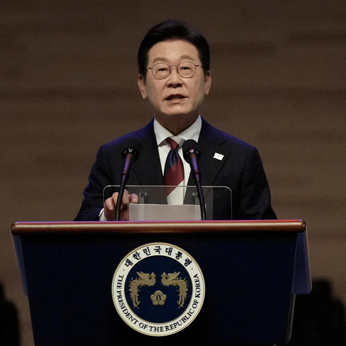 FILE PHOTO: South Korean President Lee Jae Myung speaks during a ceremony to celebrate the 80th anniversary of Korea's liberation from Japanese colonial rule, in Seoul, South Korea, Friday, Aug. 15, 2025.     Ahn Young-joon/Pool via REUTERS/File Photo