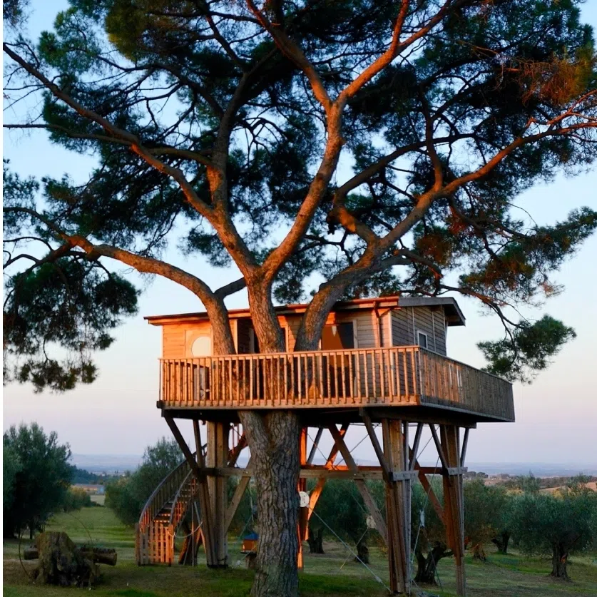 The La Piantata (left), a tree house in Italy and tree house at the Xigera Safari Lodge in Botswana.