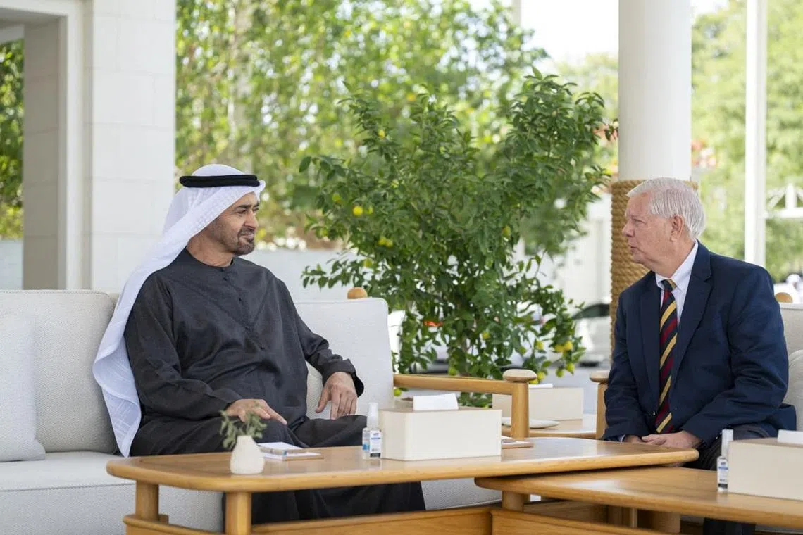 United Arab Emirates President, Sheikh Mohammed bin Zayed al Nahyan, meets with U.S. Senator, Lindsey Graham  (R-SC) in Abu Dhabi, United Arab Emirates, February 18, 2026. WAM NEWS AGENCY/Handout via REUTERS