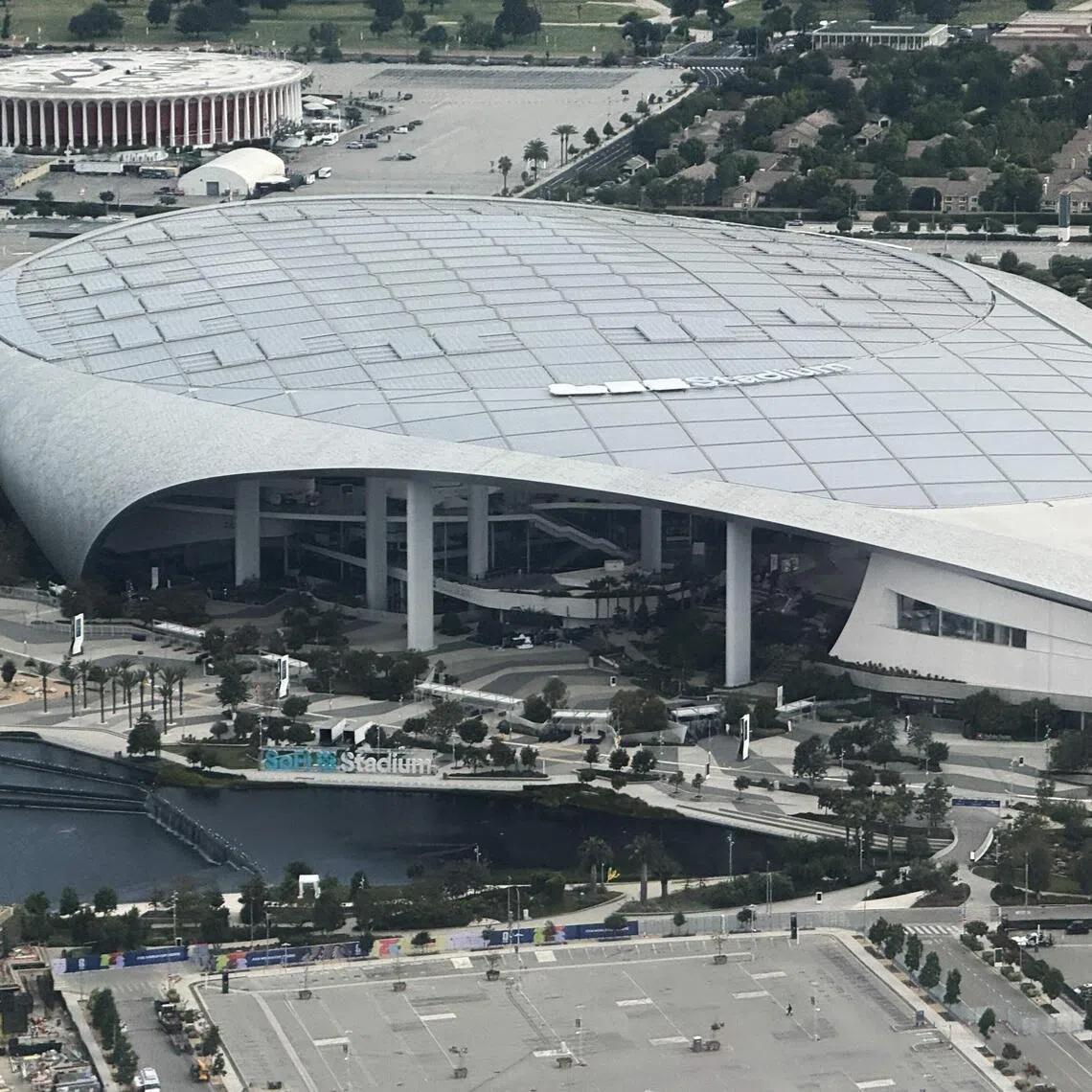 An aerial image shows SoFi Stadium, and the KIA Forum (rear) ahead of the 2026  World Cup in Inglewood, California, on May 27, 2026.