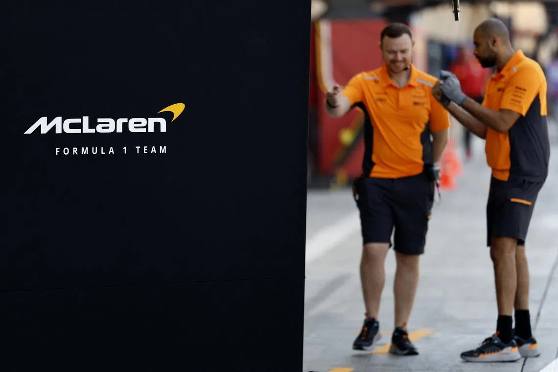 Formula One F1 - Pre-Season Testing - Bahrain International Circuit, Sakhir, Bahrain - February 21, 2024 McLaren's logo is seen during the pre-season testing REUTERS/Hamad I Mohammed/File Photo