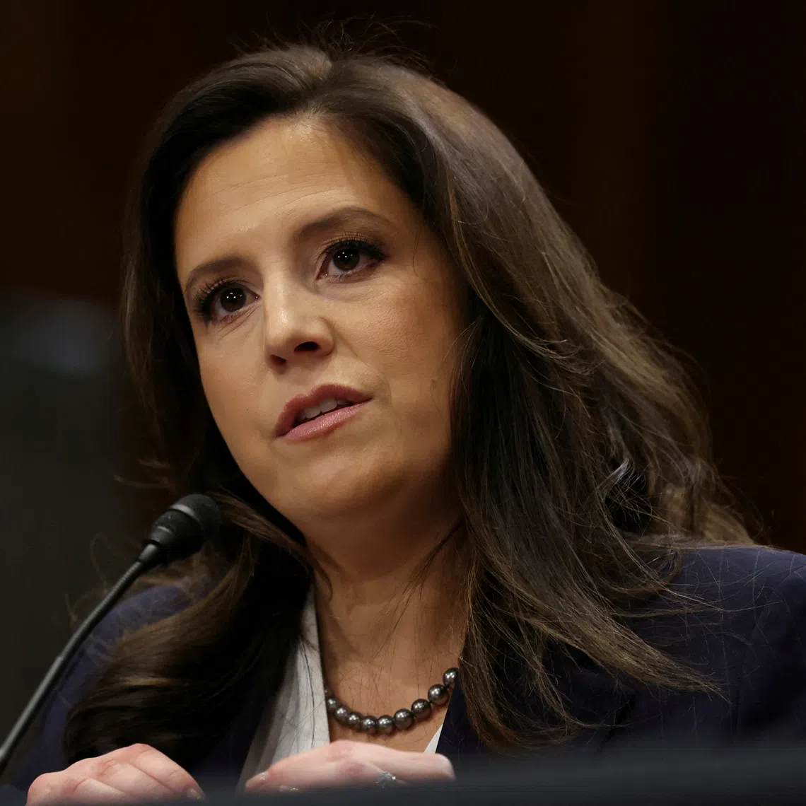 FILE PHOTO: U.S. Rep. Elise Stefanik (R-NY) testifies before a Senate Foreign Relations Committee confirmation hearing on Capitol Hill in Washington, U.S., January  21, 2025. REUTERS/Evelyn Hockstein/File Photo