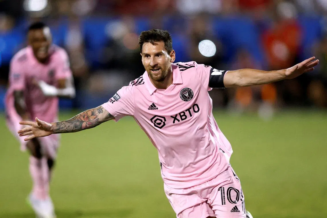 FILE PHOTO: Aug 6, 2023; Frisco, TX, USA; Inter Miami CF forward Lionel Messi (10) reacts after scoring in the second half against FC Dallas at Toyota Stadium. Mandatory Credit: Tim Heitman-USA TODAY Sports