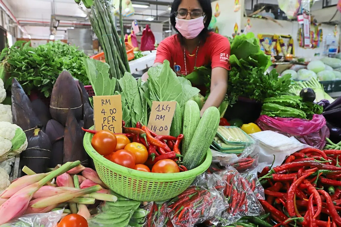 Ms Gayathiri showing the vegetables that have drastically gone down in price at her vegetable stall at the Batu Lanchang market in George Town, Penang.