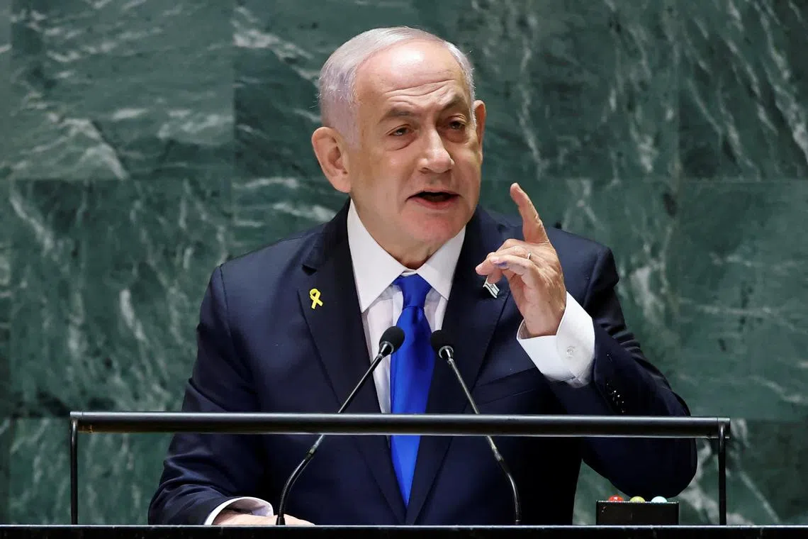FILE PHOTO: Israel's Prime Minister Benjamin Netanyahu addresses the 79th United Nations General Assembly at U.N. headquarters in New York, U.S., September 27, 2024.  REUTERS/Eduardo Munoz/File Photo