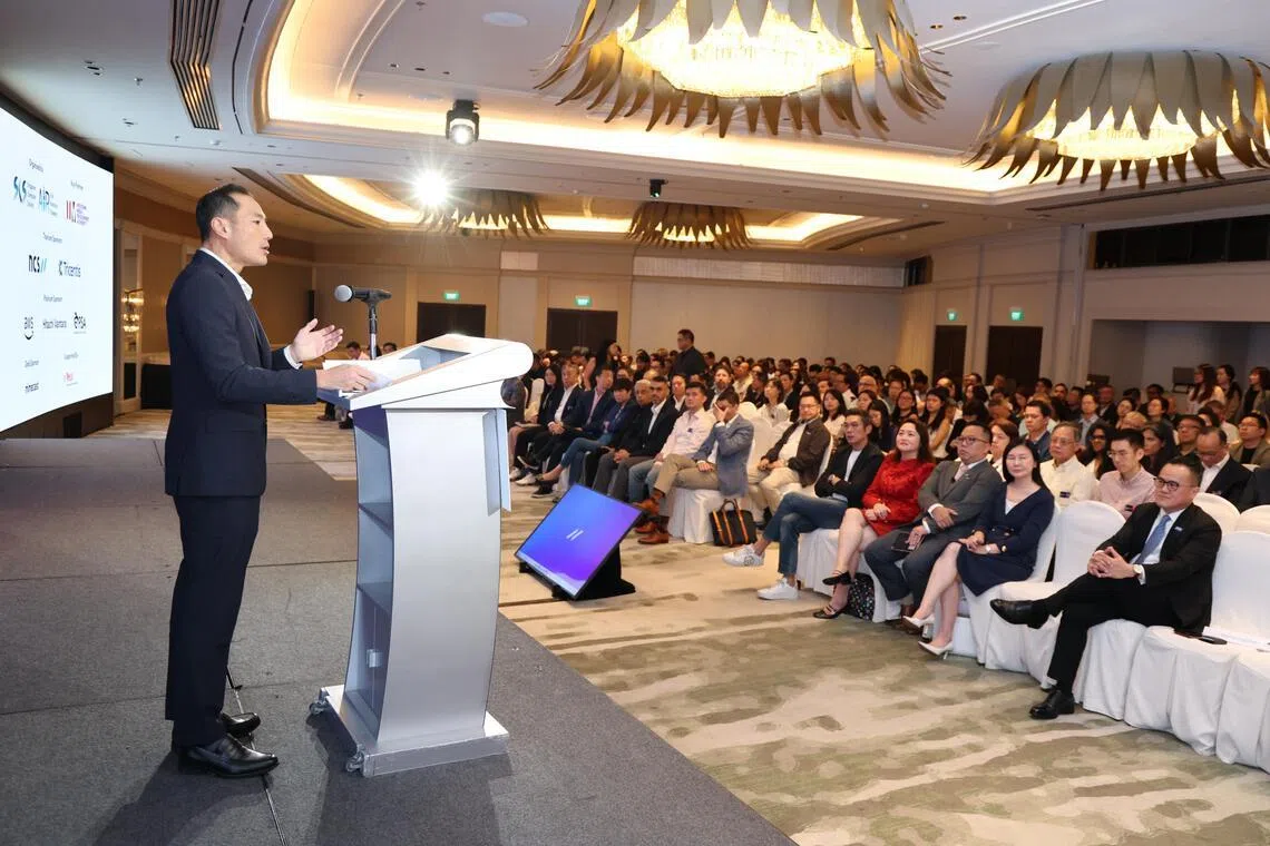 SCS’s Inaugural AI Conference 2026 at Mandarin Oriental Singapore Oriental Ballroom, Level 1 5 Raffles Avenue. Opening Address by Guest of Honour, Mr Tan Kiat How, Senior Minister of State, Ministry of Digital Development and Information.